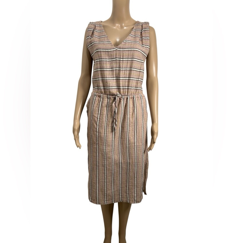 PRANA Ecotropics Women’s Sleeveless V-Neck Stripe Drawstring Midi Dress size XS